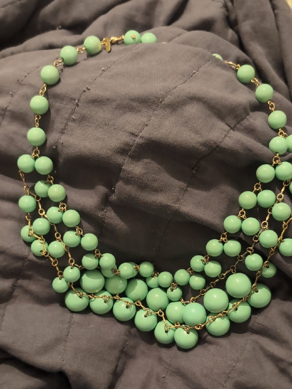 Source Unknown Mint Green Multi-Strand Beaded Necklace with Gold Chain